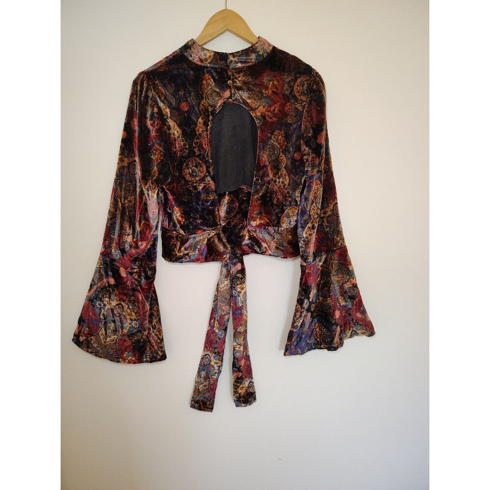 Free People Velvet Bell Sleeve Crop Open Back Peplum Boho Festival Whimsigoth